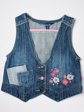 Vintage Souris Mini Embroidered Floral Mixed-Media Denim Vest 5 / 5Y